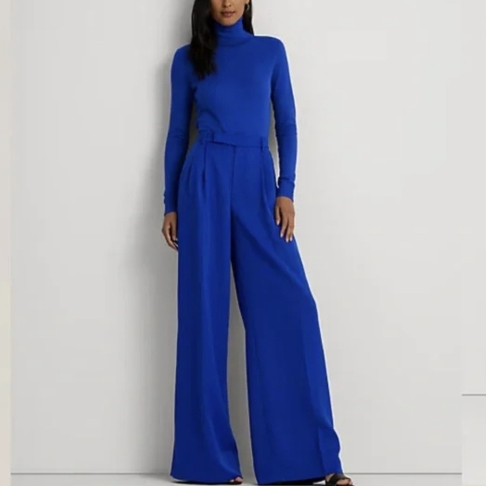 RALPH LAUREN Pleated Satin Crepe Wide-Leg Pant In Sapphire Star SZ:0